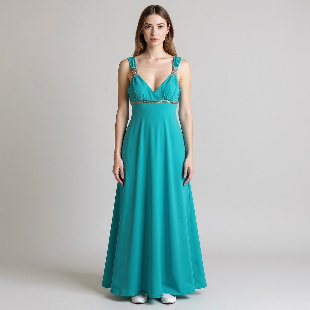 Mary L. Couture Gown Womens 2 Turquoise Rhinestone Empire Waist High‎ Low 80355